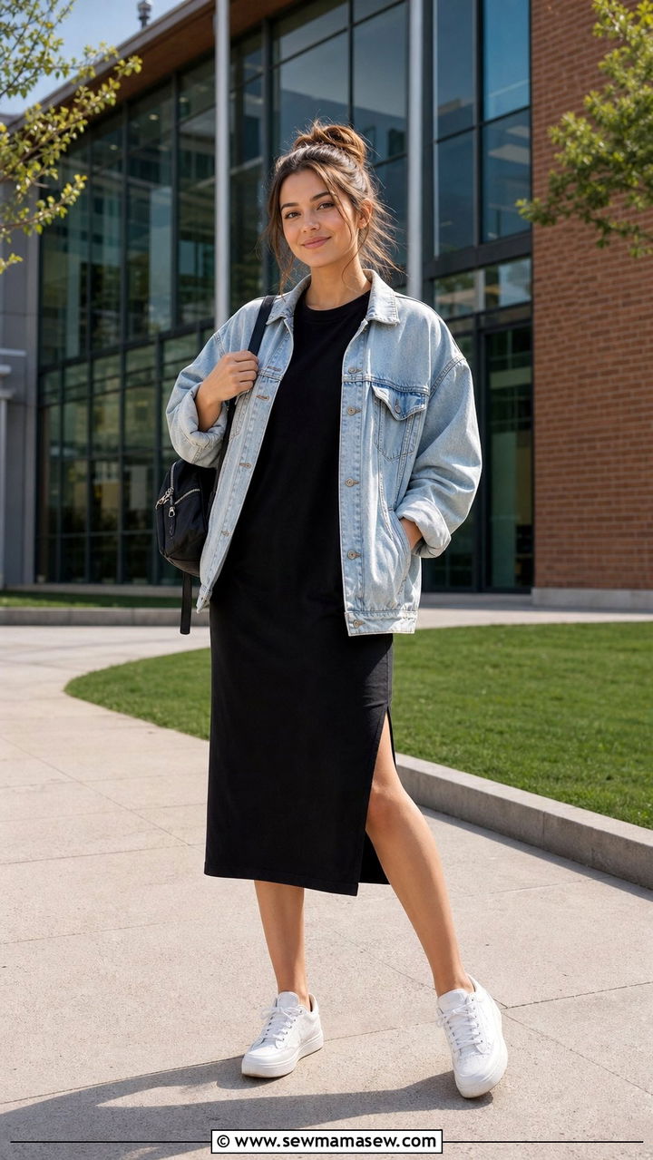 T Shirt Dress with Denim Jacket Outfit - 35 casual college outfits