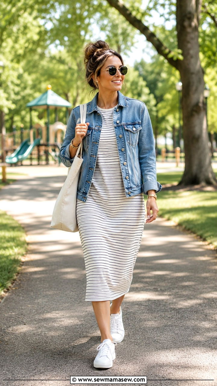 T Shirt Dress with Denim Jacket and White Sneakers - 25 Playground outfit ideas for moms