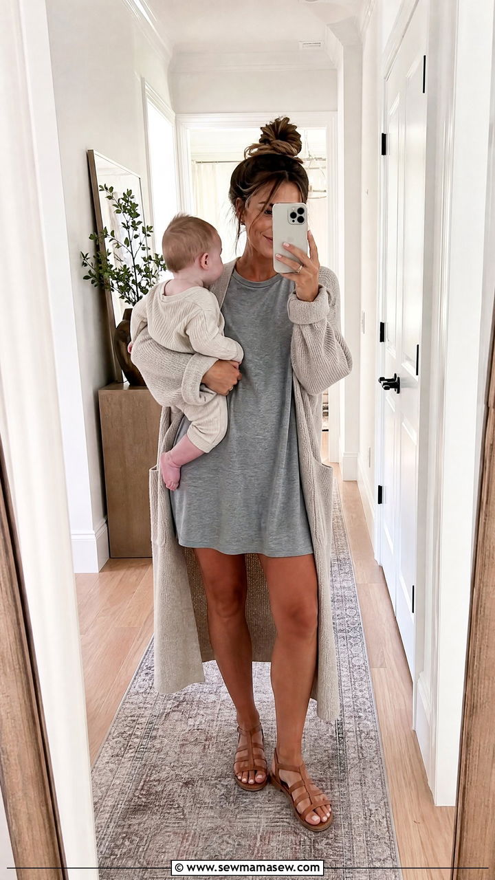 T Shirt Dress with Long Cardigan Postpartum Outfit - 25 casual outfits for postpartum women