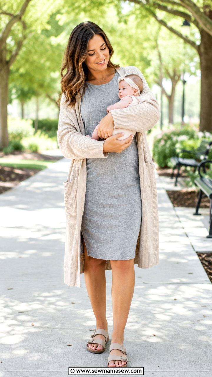 T Shirt Dress with Long Cardigan and Comfortable Sandals - 25 Postpartum outfit ideas 2026
