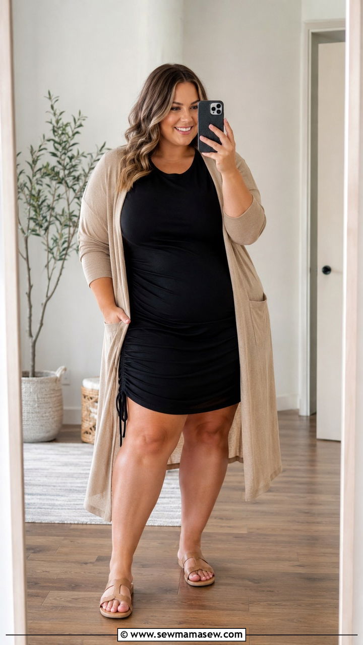 T Shirt Dress with Long Cardigan and Comfortable Sandals - 25 Plus size nursing outfit ideas