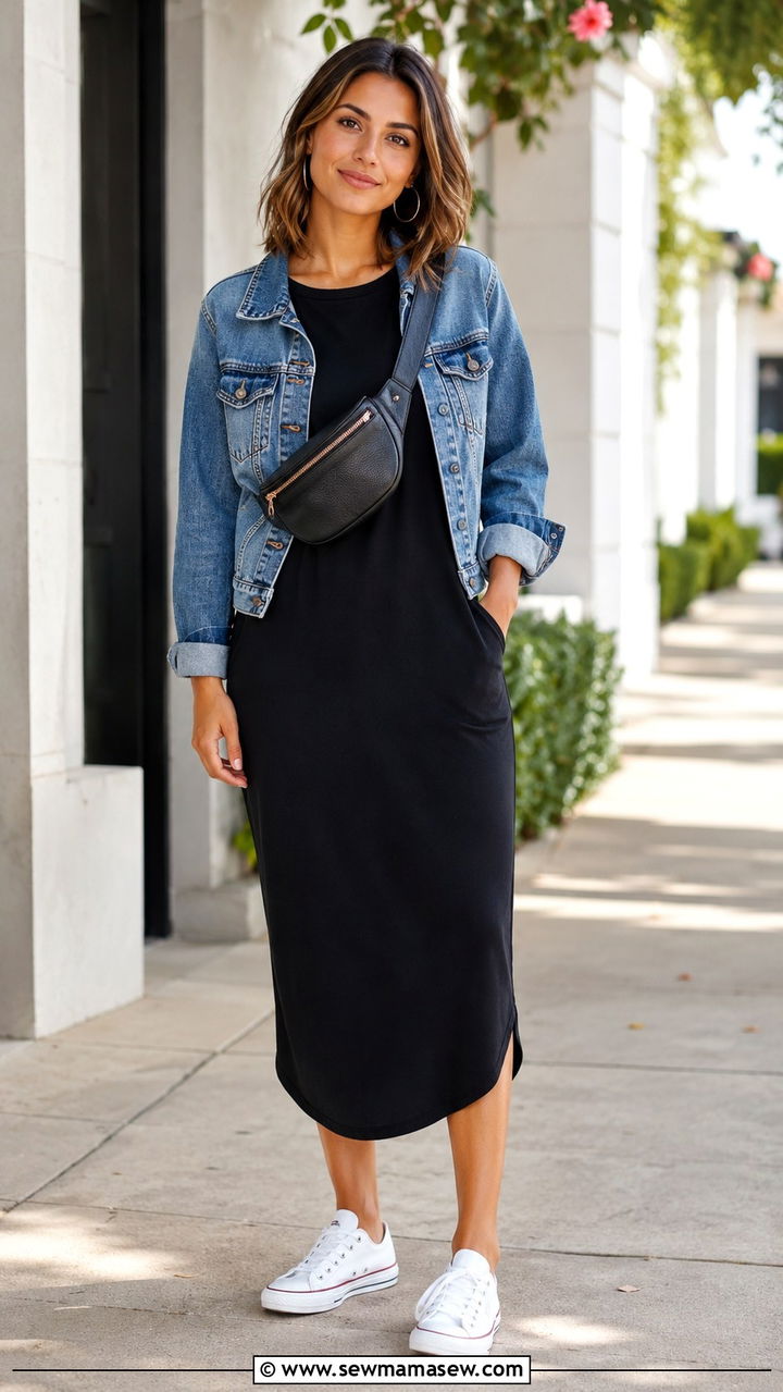 T Shirt Dress with Sneakers and a Denim Jacket - 20 Loungewear outfit ideas school run
