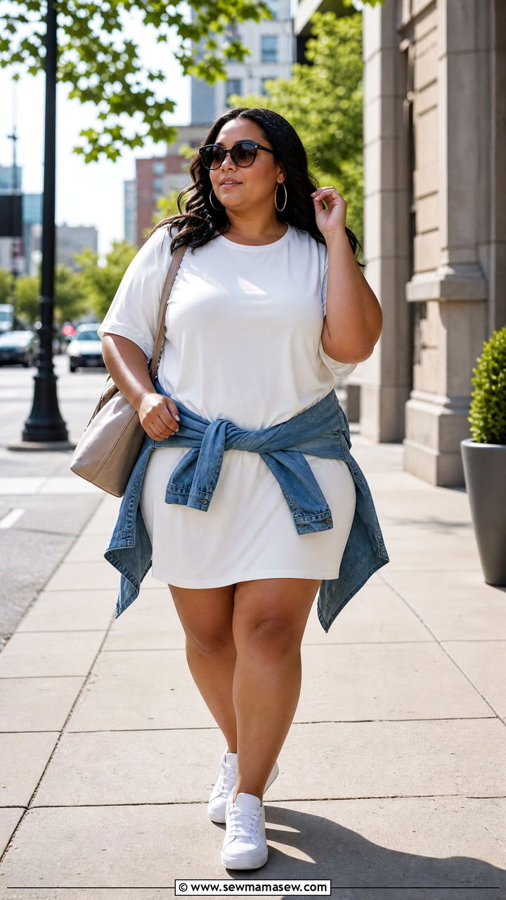 T Shirt Dress with White Sneakers - 30 Plus size outfit ideas for travel