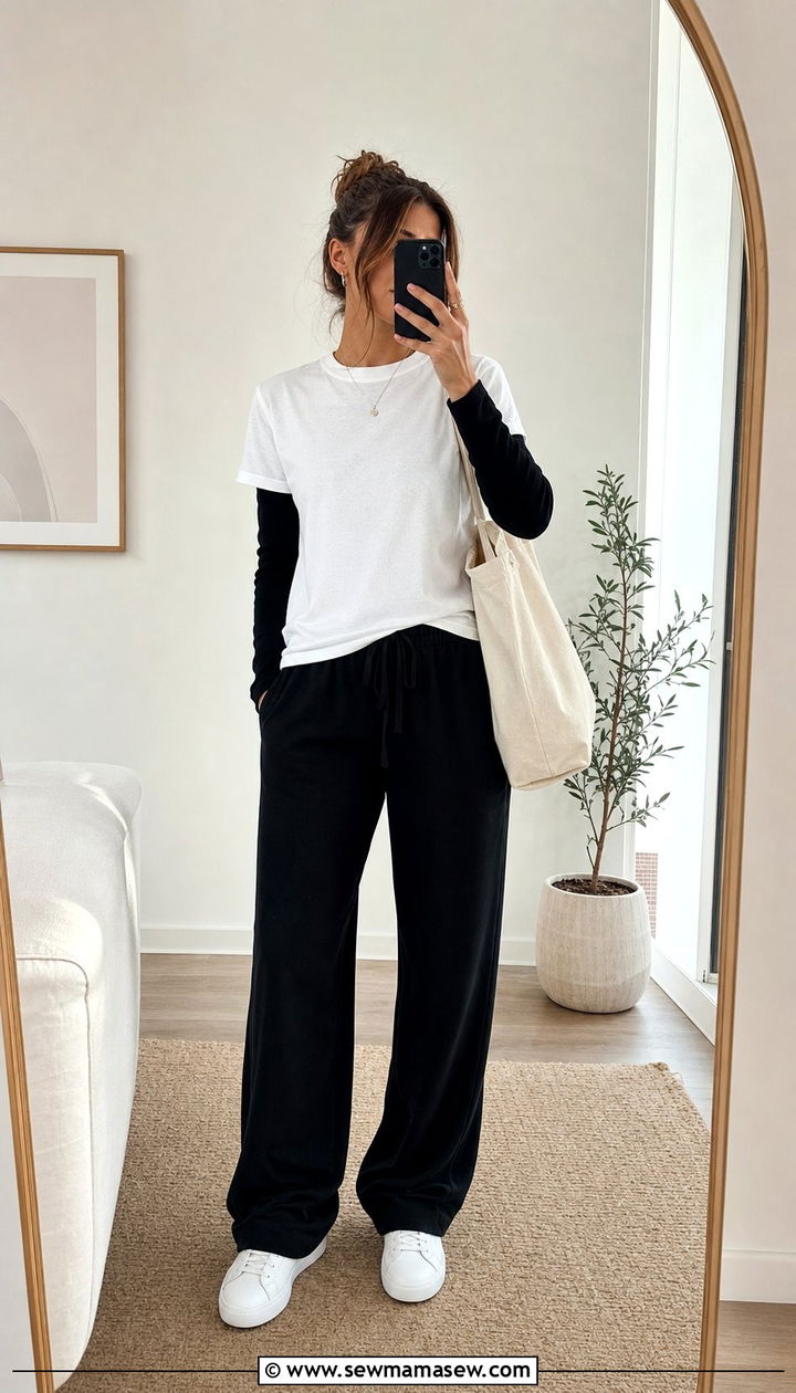 T Shirt Layered Over a Long Sleeve Tee With Wide Leg Pants - 25 Summer layering outfits