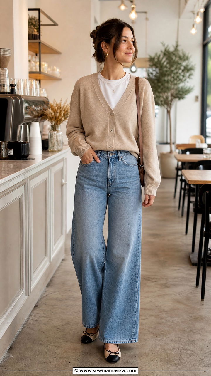 T Shirt Layered Under a Cardigan with High Waisted Wide Leg Jeans - 25 chic basic t-shirt outfit ideas
