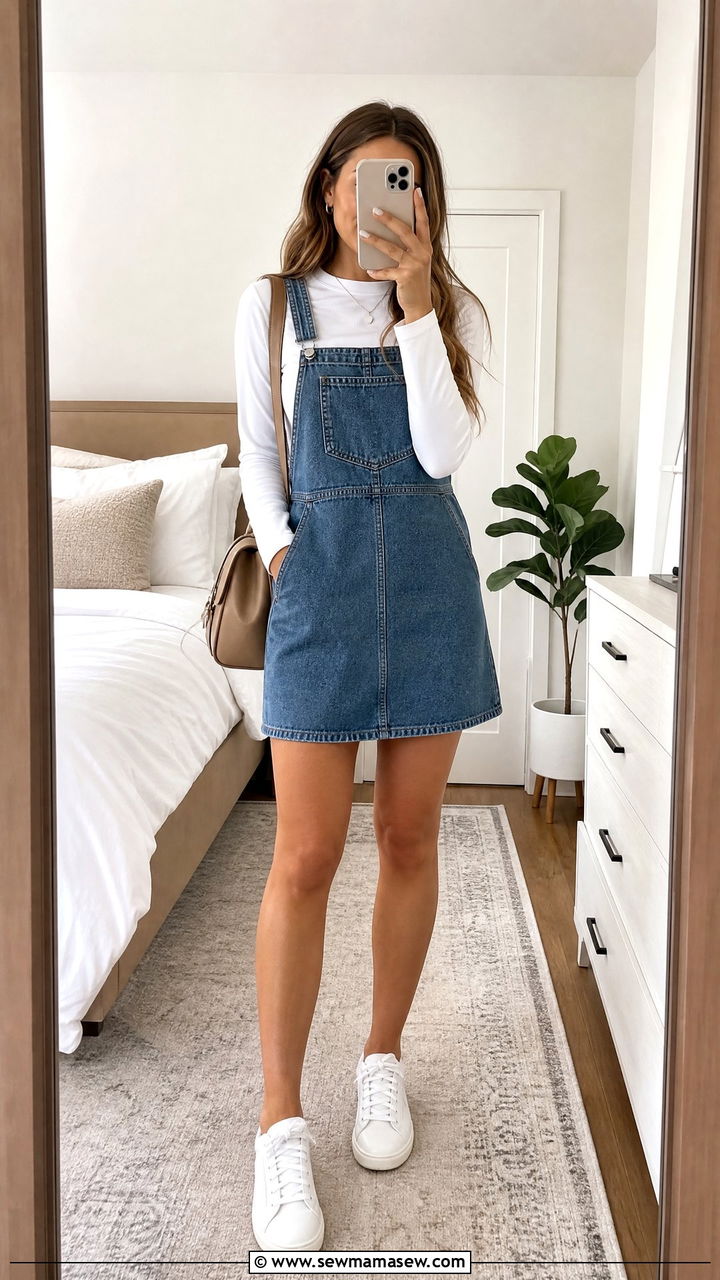 T Shirt Layered Under a Pinafore Dress With Sneakers - 35 how to style basic t-shirt