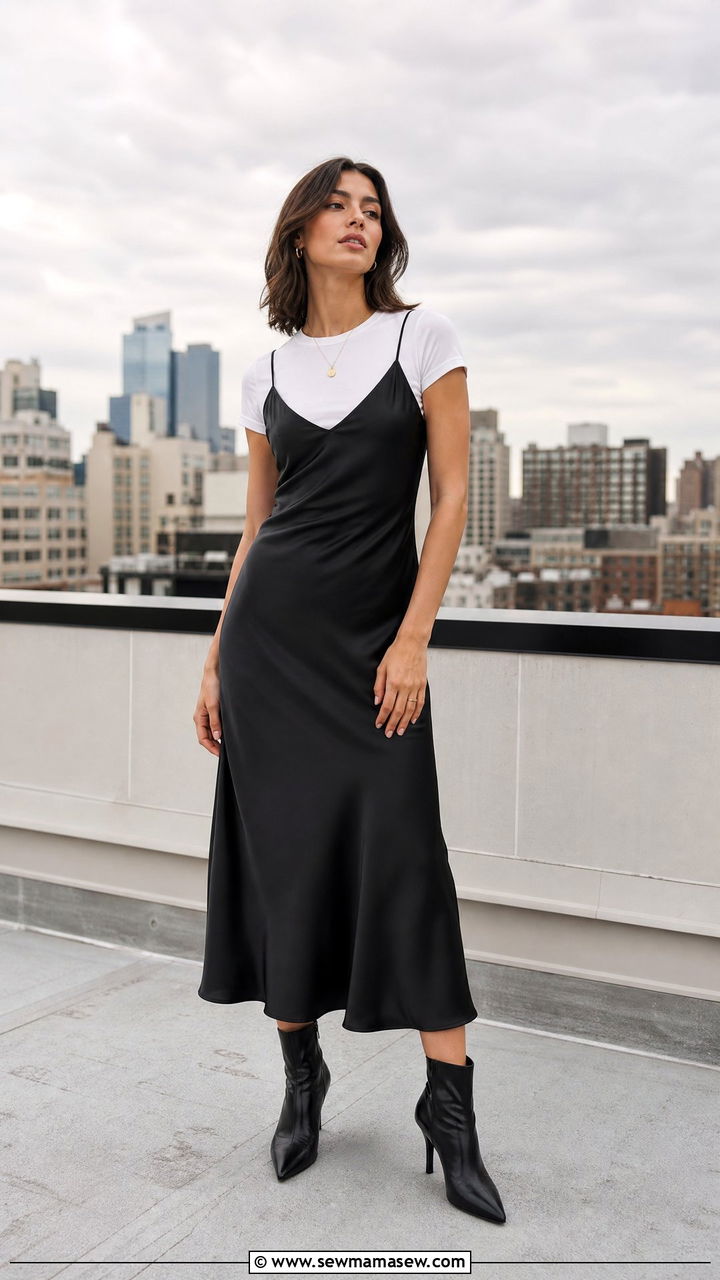 T Shirt Layered Under a Slip Dress With Ankle Boots - 35 how to style basic t-shirt