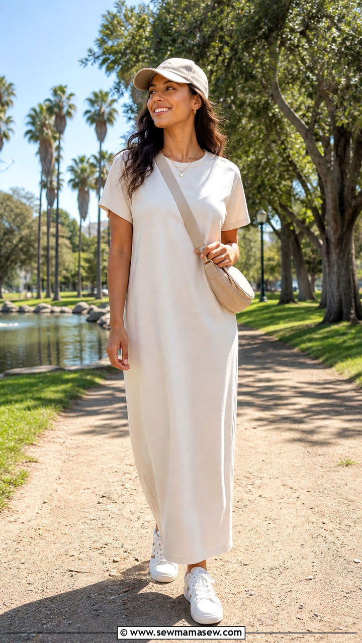 T Shirt Maxi Dress with White Sneakers - 40 Los Angeles outfit ideas