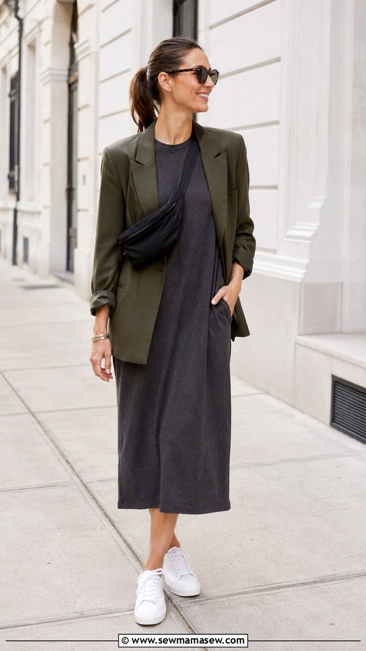 T Shirt Midi Dress With Blazer And Sneakers - 30 Midi dress outfit ideas with a blazer