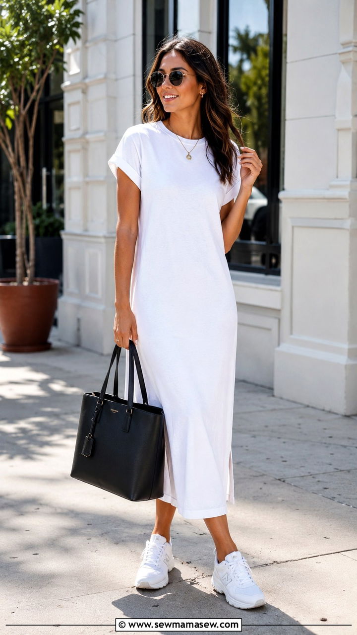 T Shirt Midi Dress With Chunky Sneakers and Tote - 30 Early spring outfits