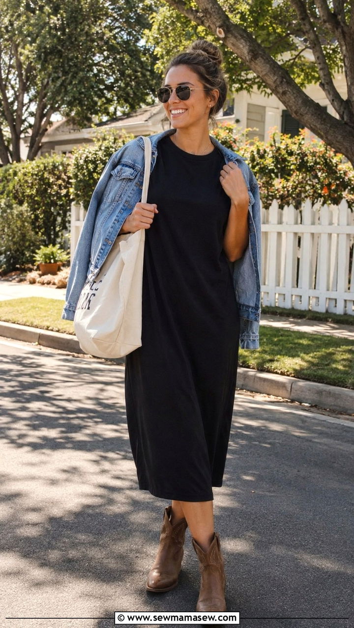 T Shirt Midi Dress With Cowboy Boots - 30 Midi dress with cowboy boots outfit ideas