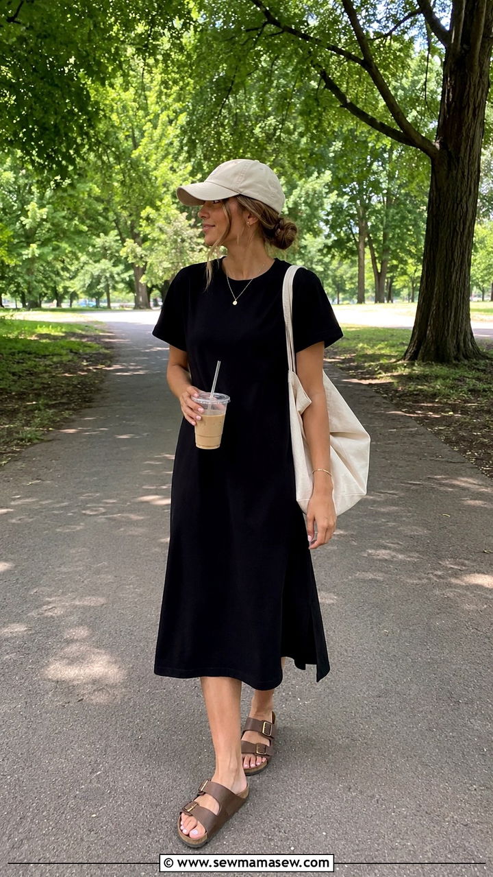 T Shirt Midi Dress With Double Strap Sandals - 30 Midi dress with sandals outfit ideas