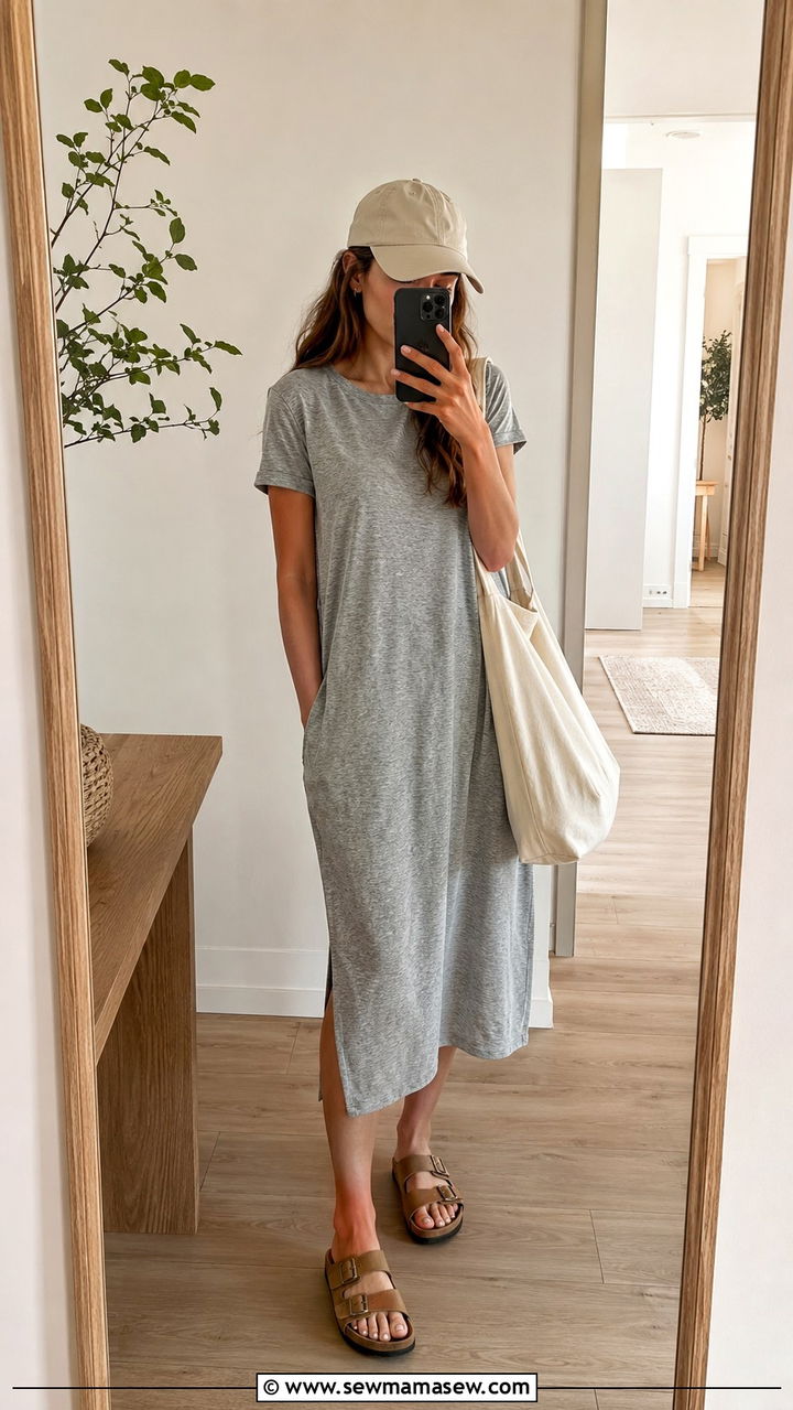 T Shirt Midi Dress With Double Strap Sandals - 30 Midi dress outfit ideas with sandals