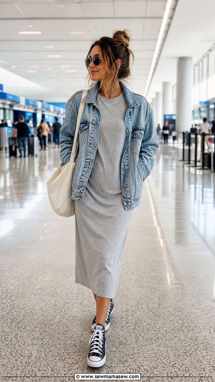T Shirt Midi Dress With Oversized Jean Jacket and High Top Sneakers - 30 Midi dress outfit ideas with a jacket