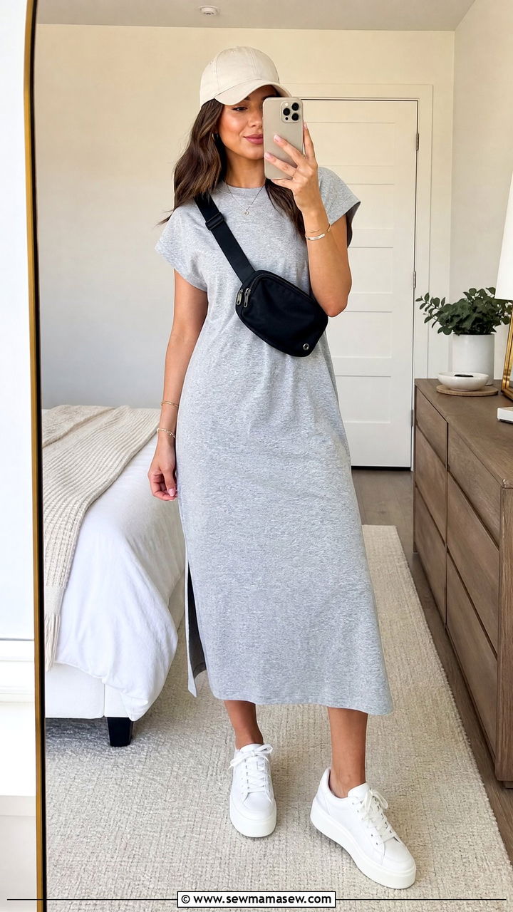 T Shirt Midi Dress With Platform Sneakers - 30 summer midi dress outfit ideas