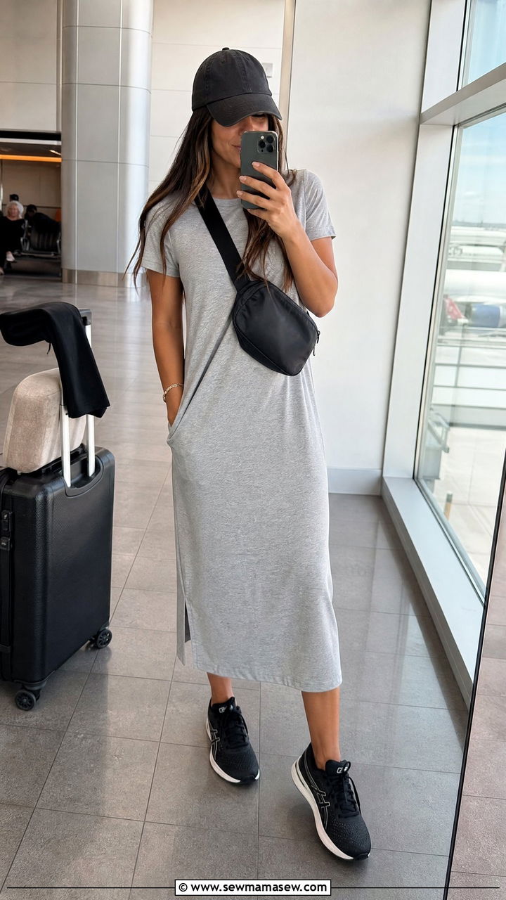 T Shirt Midi Dress With Sporty Sneakers - 30 Midi dress outfit ideas with sneakers