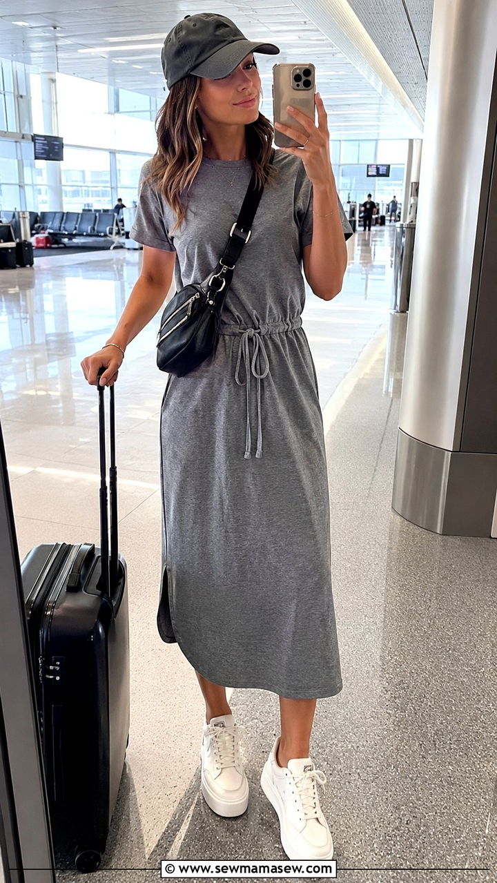 T Shirt Midi Dress with Cord Belt and Platform Sneakers - 30 Midi dress outfit ideas with a belt