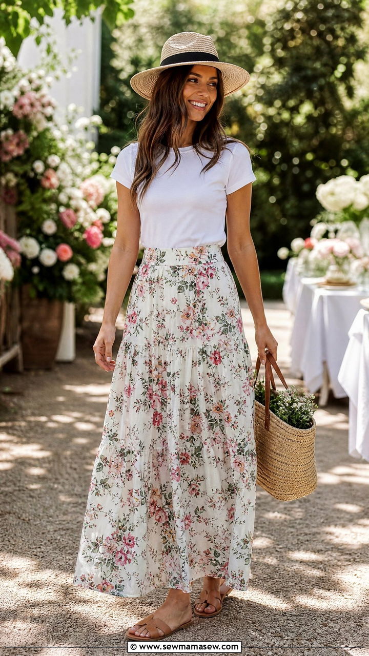 T Shirt Tucked into a Floral Maxi Skirt with Leather Sandals - 25 chic basic t-shirt outfit ideas