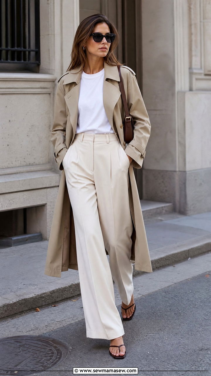 T Shirt Under a Trench Coat with Wide Leg Trousers and Kitten Heels - 25 chic basic t-shirt outfit ideas