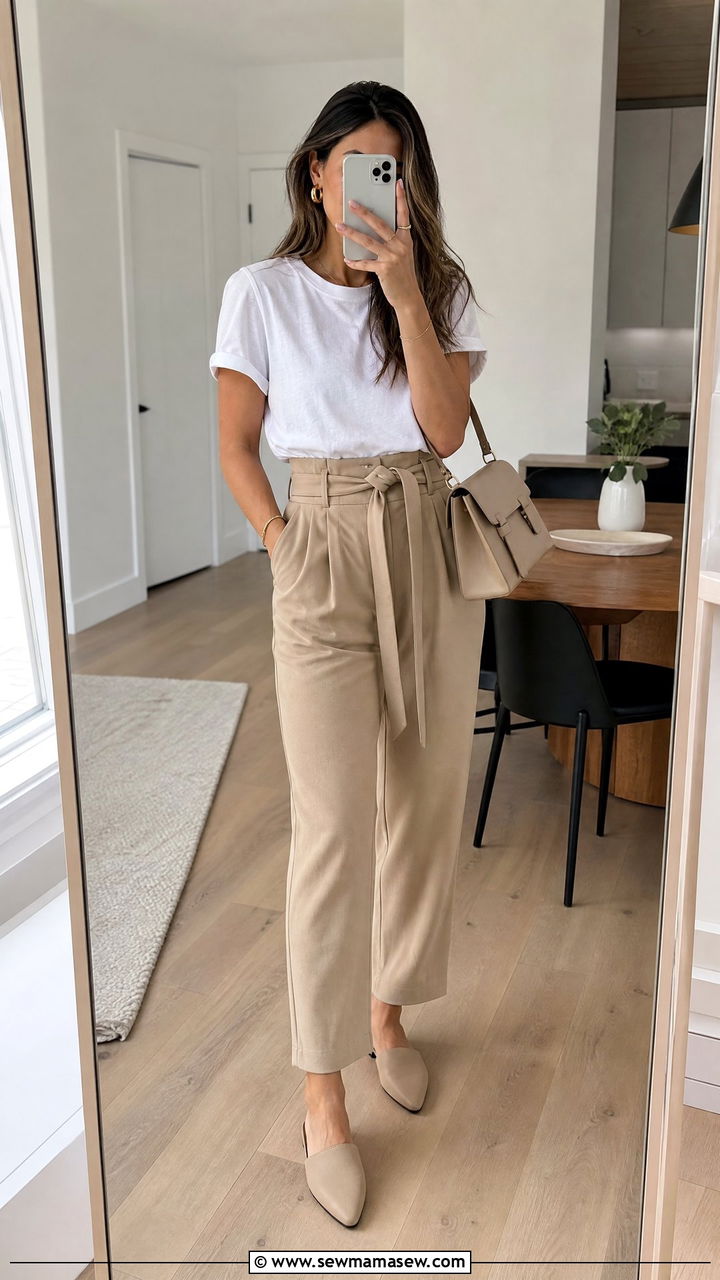 T Shirt With Belted Paperbag Trousers and Mules - 35 how to style basic t-shirt
