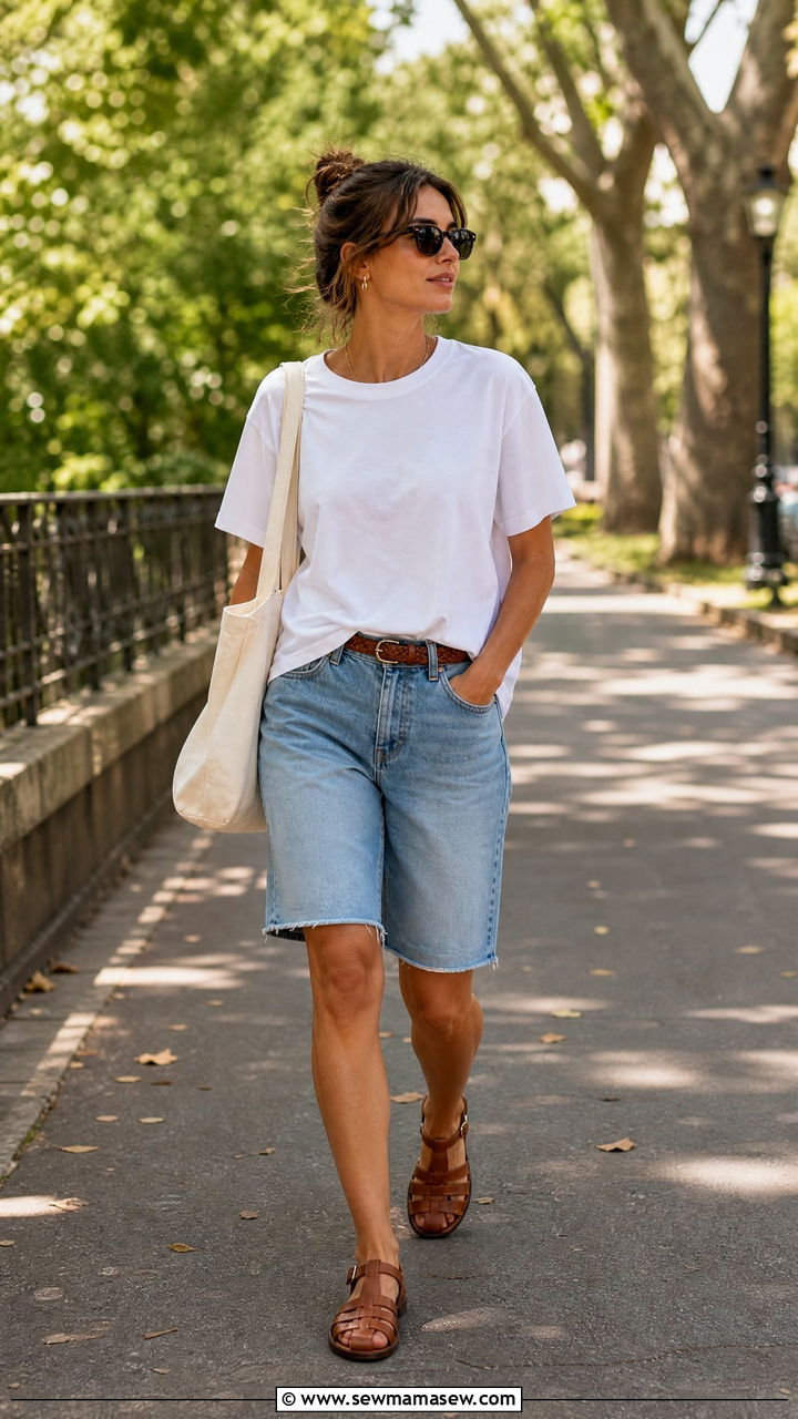 T Shirt With Bermuda Denim Shorts and Fisherman Sandals - 35 how to style basic t-shirt