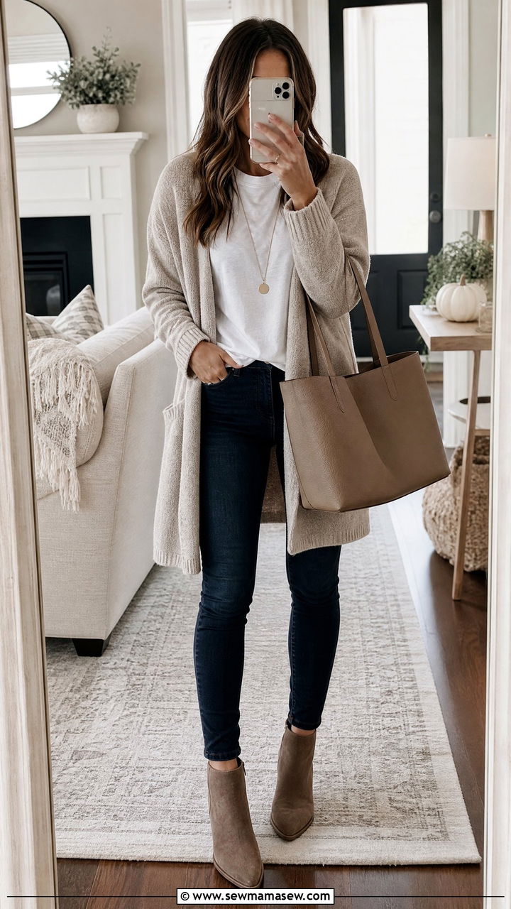 T Shirt With Cardigan Ankle Boots and Skinny Jeans - 35 how to style basic t-shirt