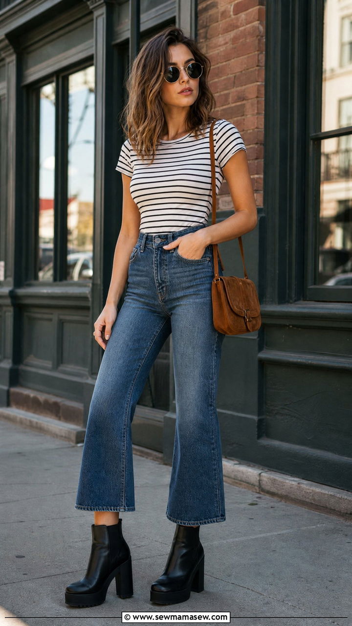 T Shirt With Cropped Flare Jeans and Platform Boots - 35 how to style basic t-shirt