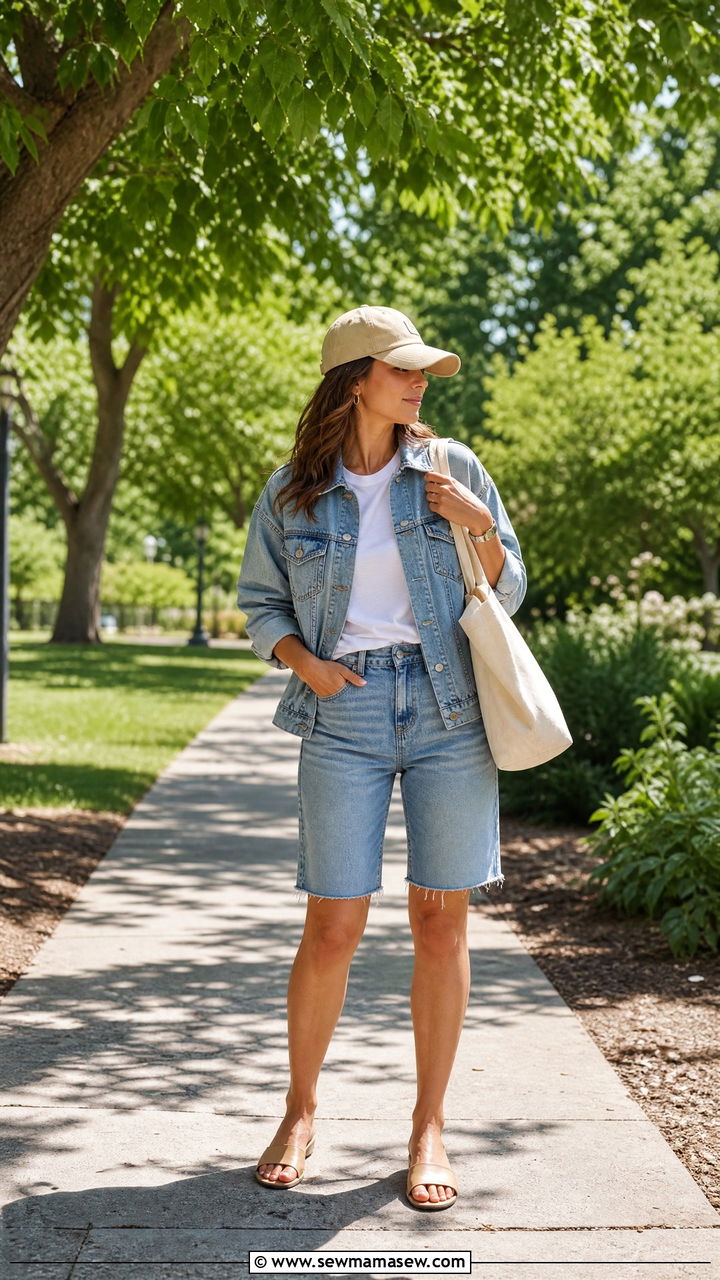 T Shirt With Denim Jacket and Bermuda Shorts - 35 how to style basic t-shirt