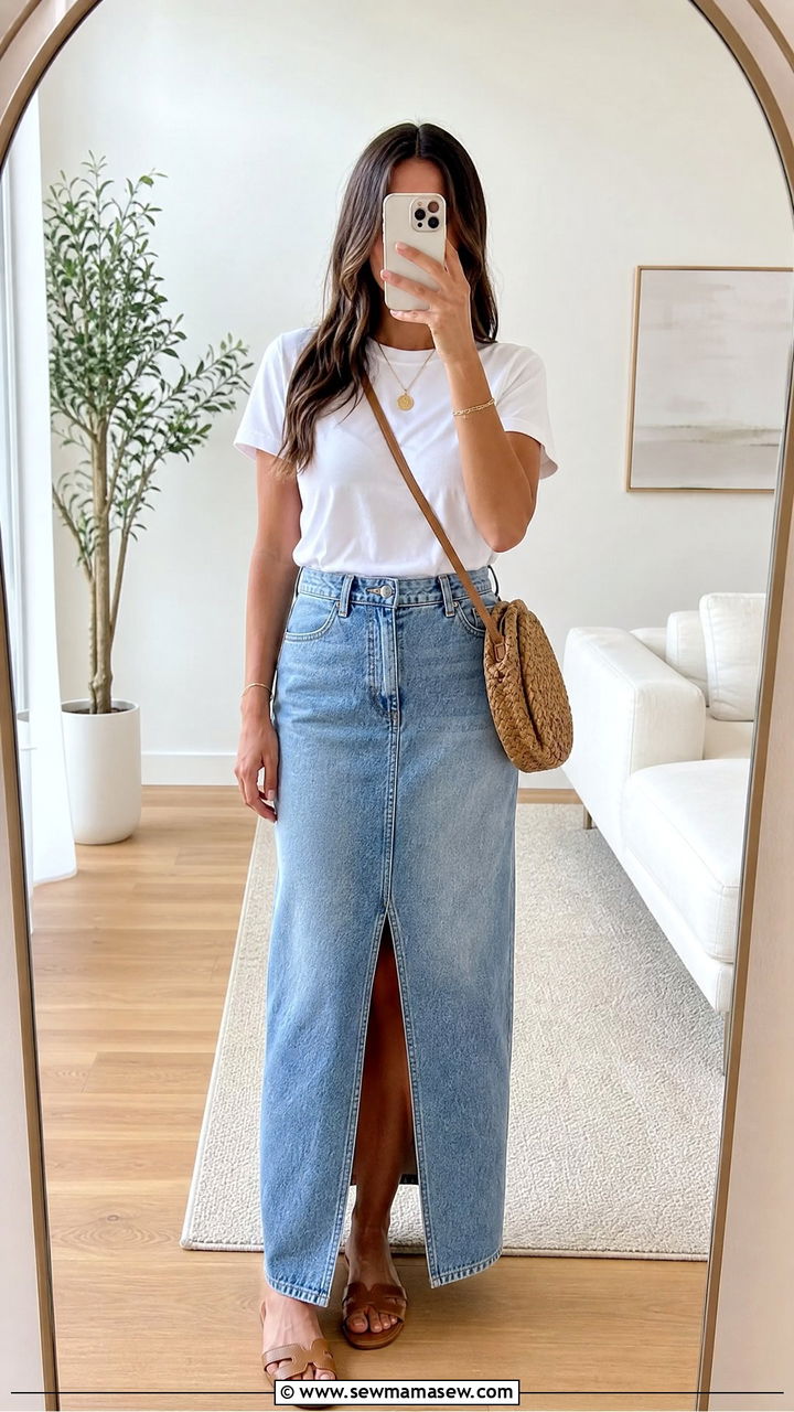 T Shirt With Denim Maxi Skirt and Flat Sandals - 35 how to style basic t-shirt