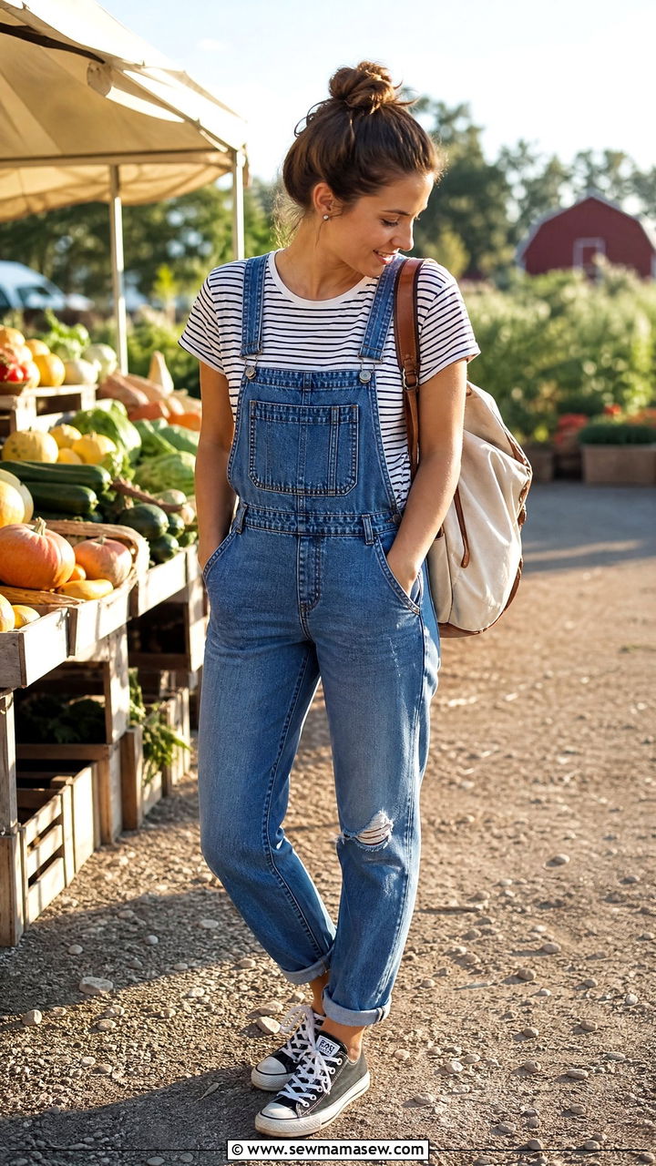 T Shirt With Denim Overalls and Converse Sneakers - 35 how to style basic t-shirt