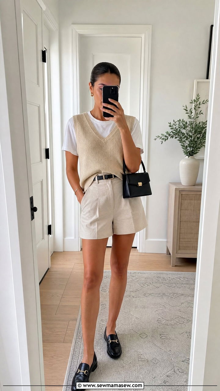 T Shirt With Knit Vest and Tailored Shorts - 35 how to style basic t-shirt