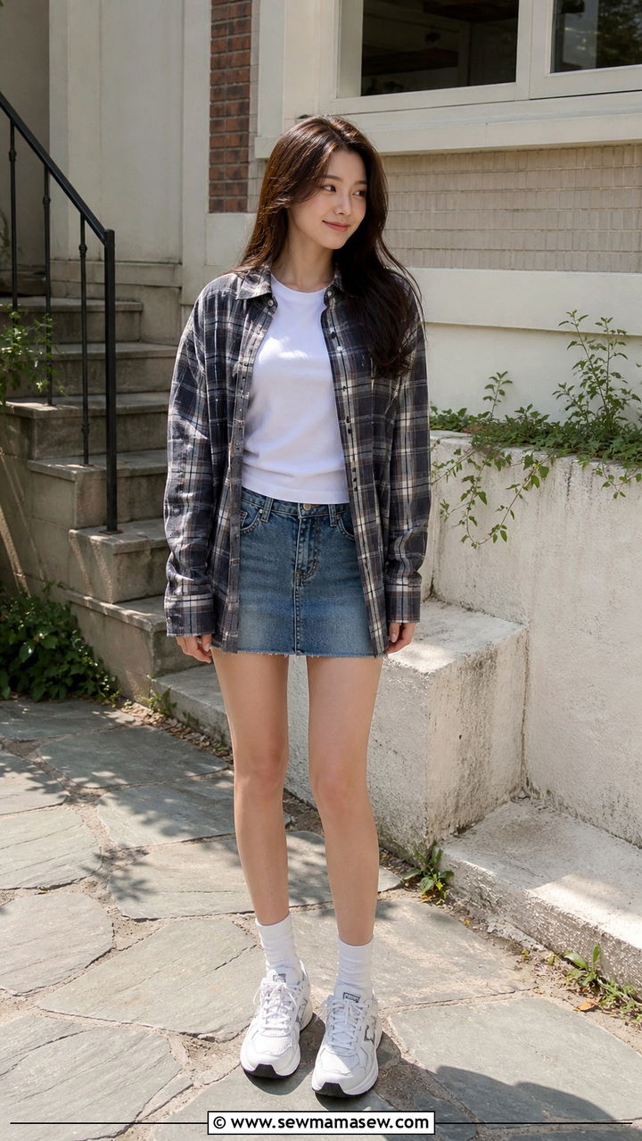 T Shirt With an Open Button Up and Mini Skirt - 40 Korean outfit ideas