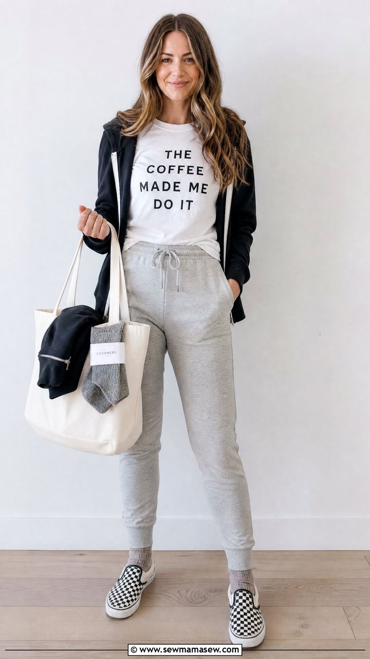 T Shirt and Relaxed Track Pants With Cashmere Socks - 25 Airport outfit ideas for economy