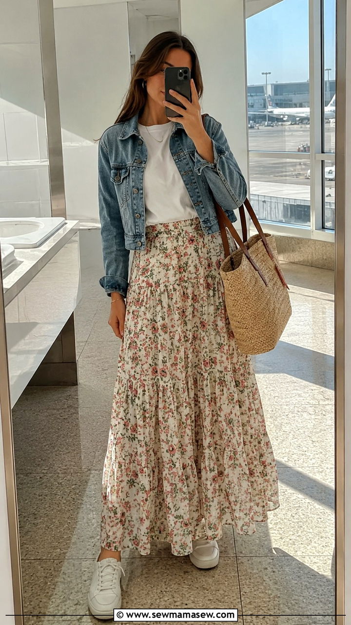 T Shirt and a Maxi Skirt Airport Outfit - 25 Airport outfit ideas for short flight