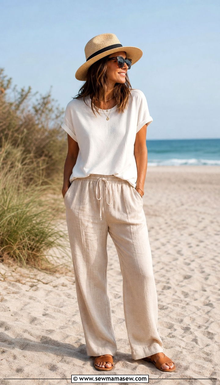T Shirt with Linen Pants - 35 basic t-shirt outfit ideas for women