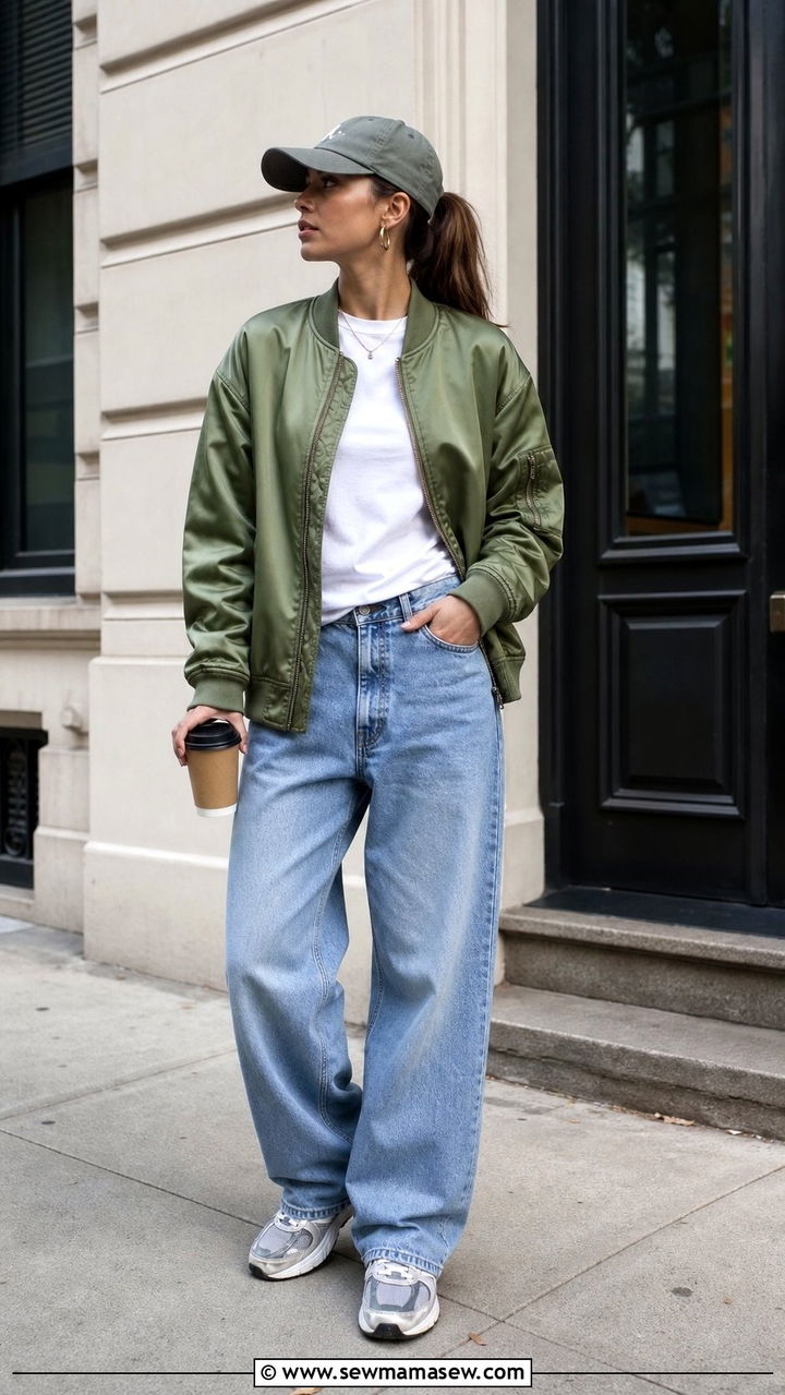 T Shirt with a Bomber Jacket - 35 basic t-shirt outfit ideas for women