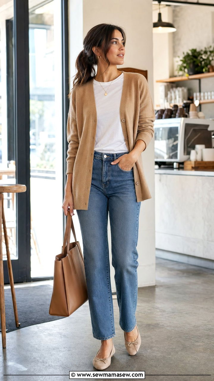 T Shirt with a Cardigan - 35 basic t-shirt outfit ideas for women