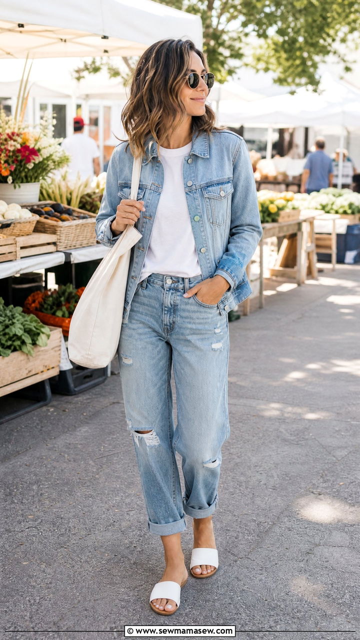 T Shirt with a Denim Jacket and Distressed Boyfriend Jeans - 25 chic basic t-shirt outfit ideas