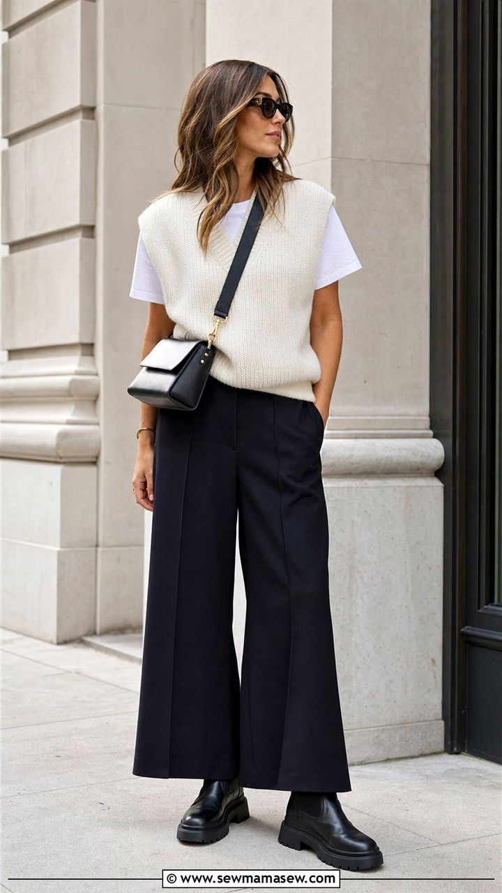 T Shirt with a Knit Vest - 35 basic t-shirt outfit ideas for women