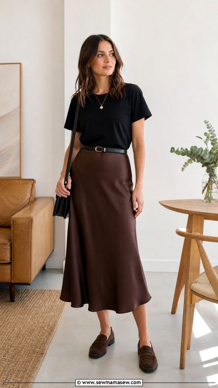 T Shirt with a Slip Skirt and Suede Loafers - 25 chic basic t-shirt outfit ideas