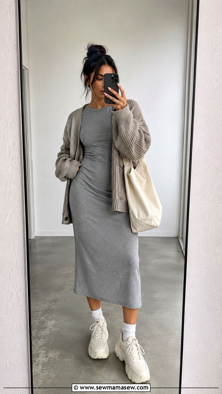 T shirt Midi Dress with Boyfriend Cardigan - 30 Midi dress with cardigan outfit ideas