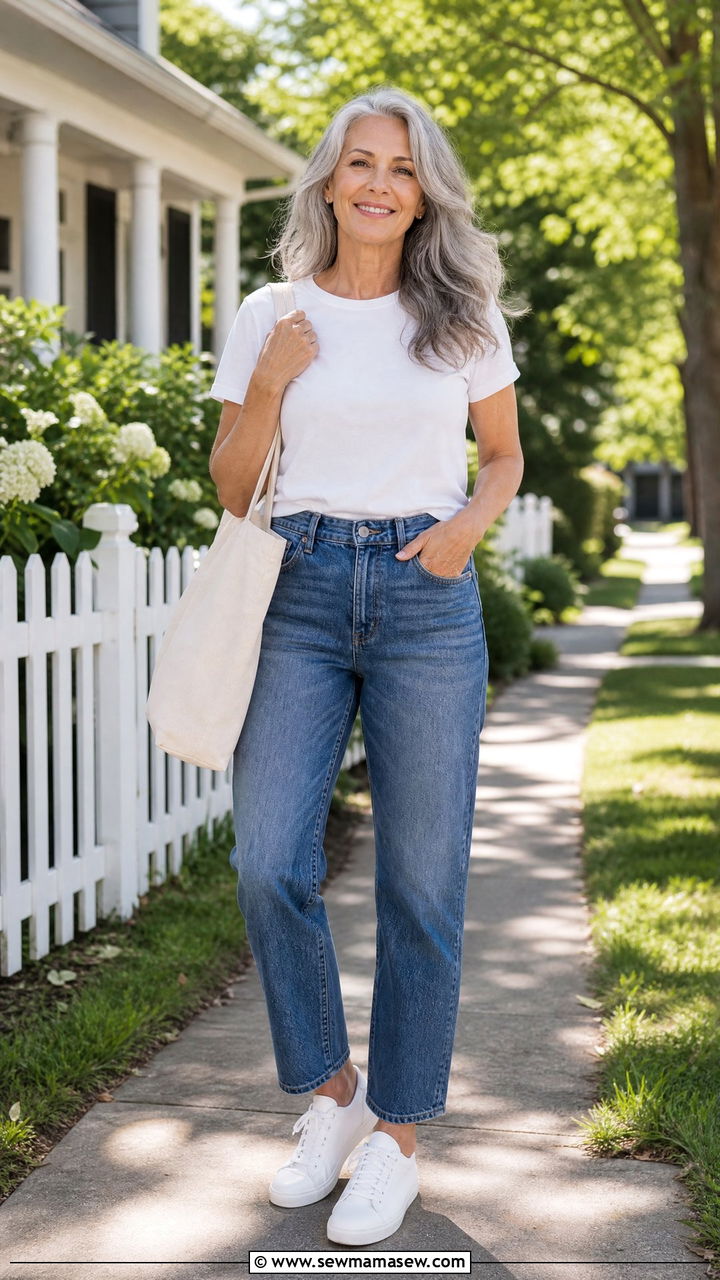 T shirt and jeans with sneakers outfit - 35 Jeans and sneakers outfit ideas over 50