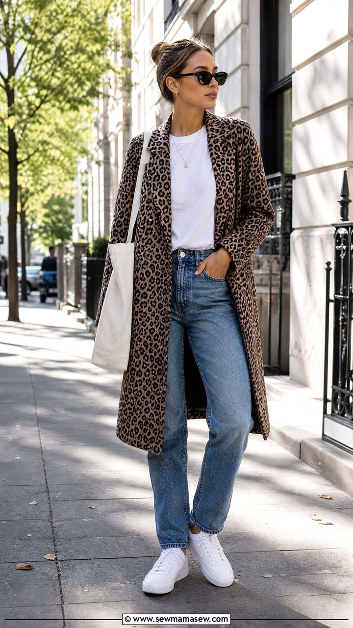 T shirt and jeans with statement coat outfit - 35 Model off duty outfit ideas