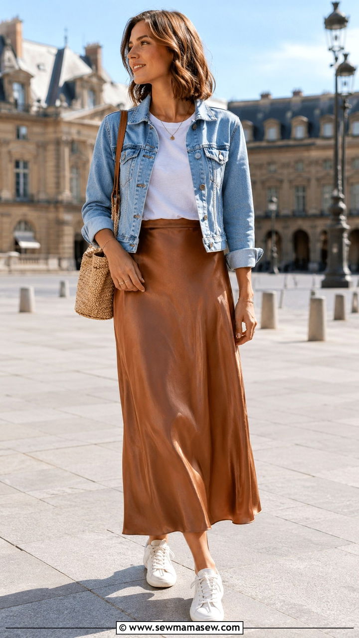 T shirt and maxi skirt with a denim jacket - 25 windy day outfits 2026