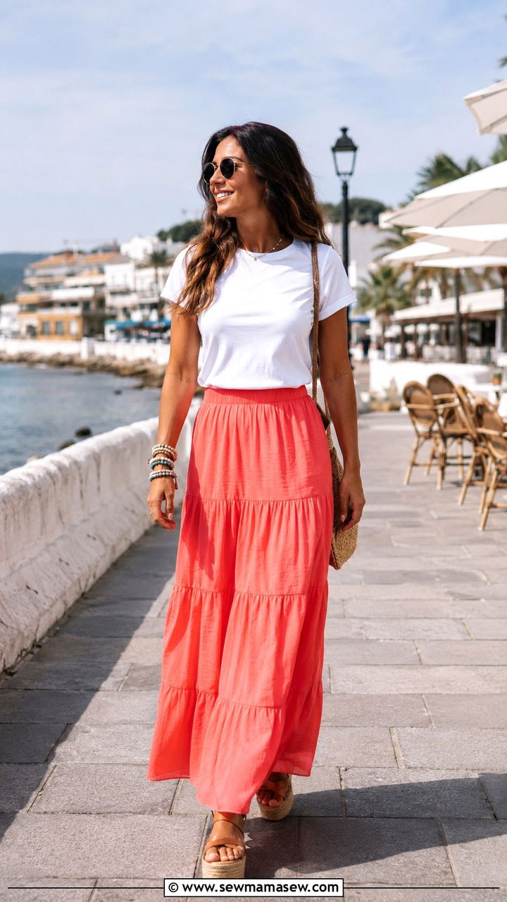 T shirt and maxi skirt with platform sandals - 30 Playful spring outfit ideas