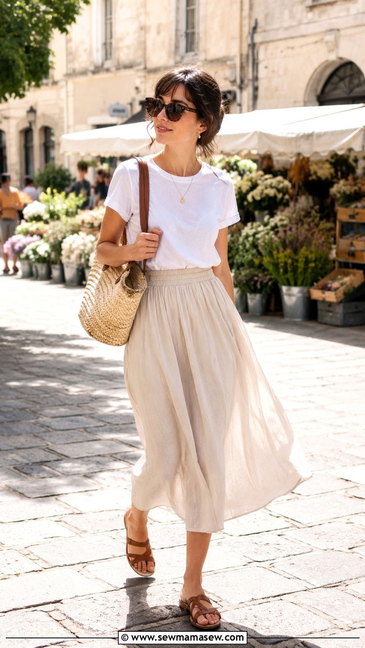 T shirt and midi skirt outfit - 25 Petite Parisian outfit ideas