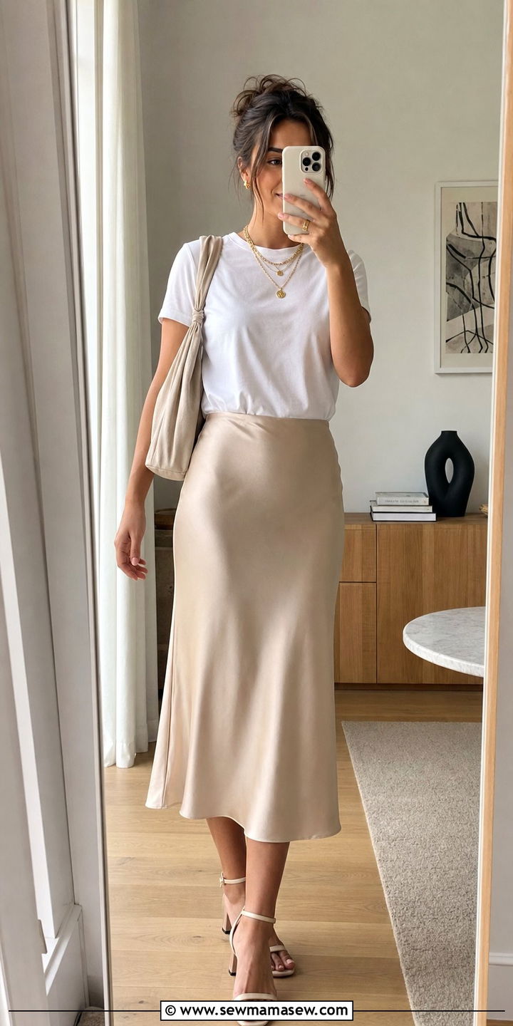 T shirt and satin midi skirt with layered chains - 25 summer outfits with gold jewelry
