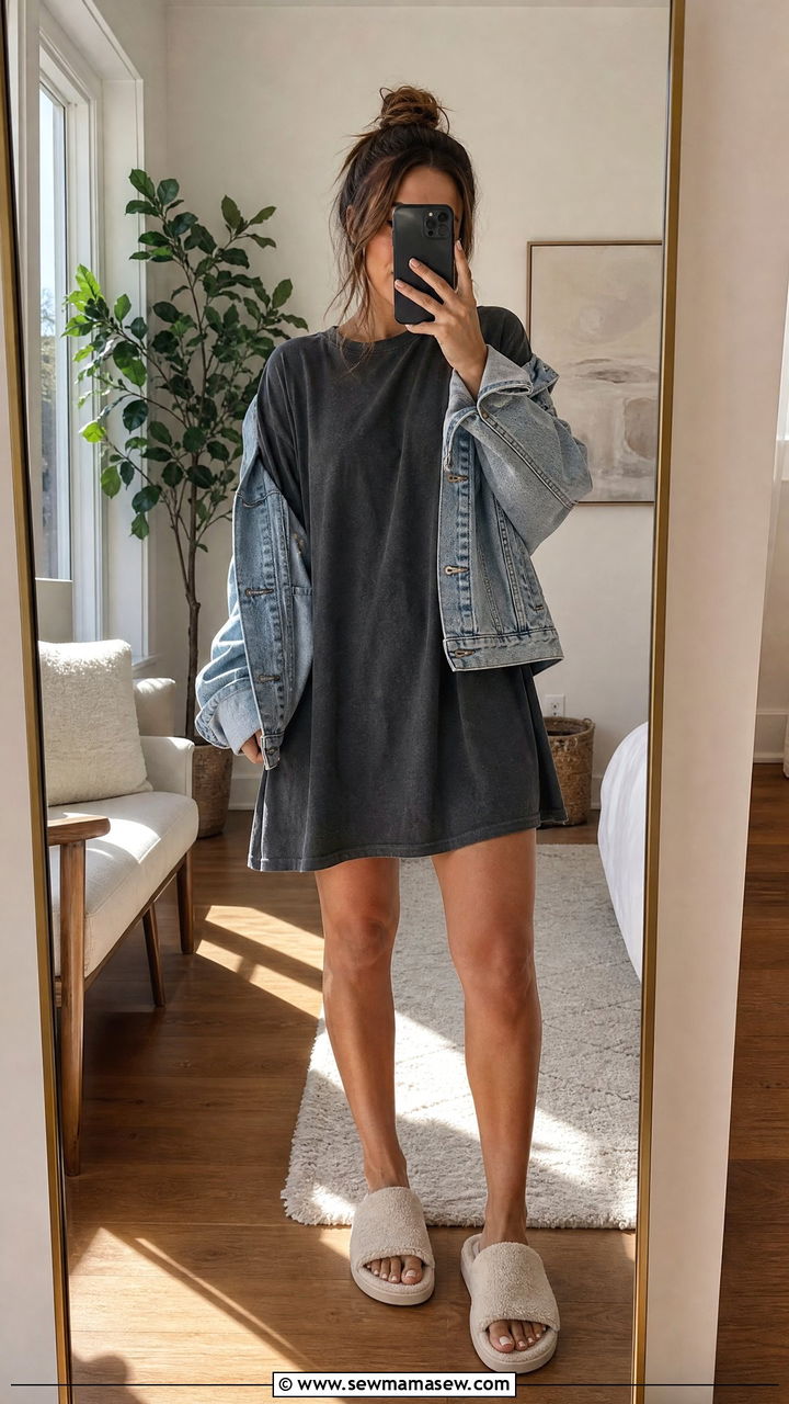 T shirt dress and cozy slippers outfit - 35 Loungewear outfit ideas for work from home