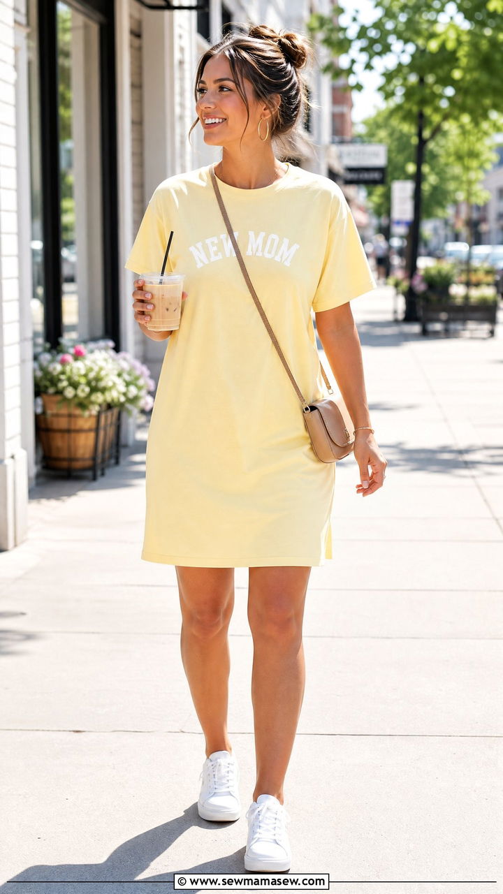 T shirt dress and sneakers with crossbody bag - 30 Summer outfit ideas for new mom
