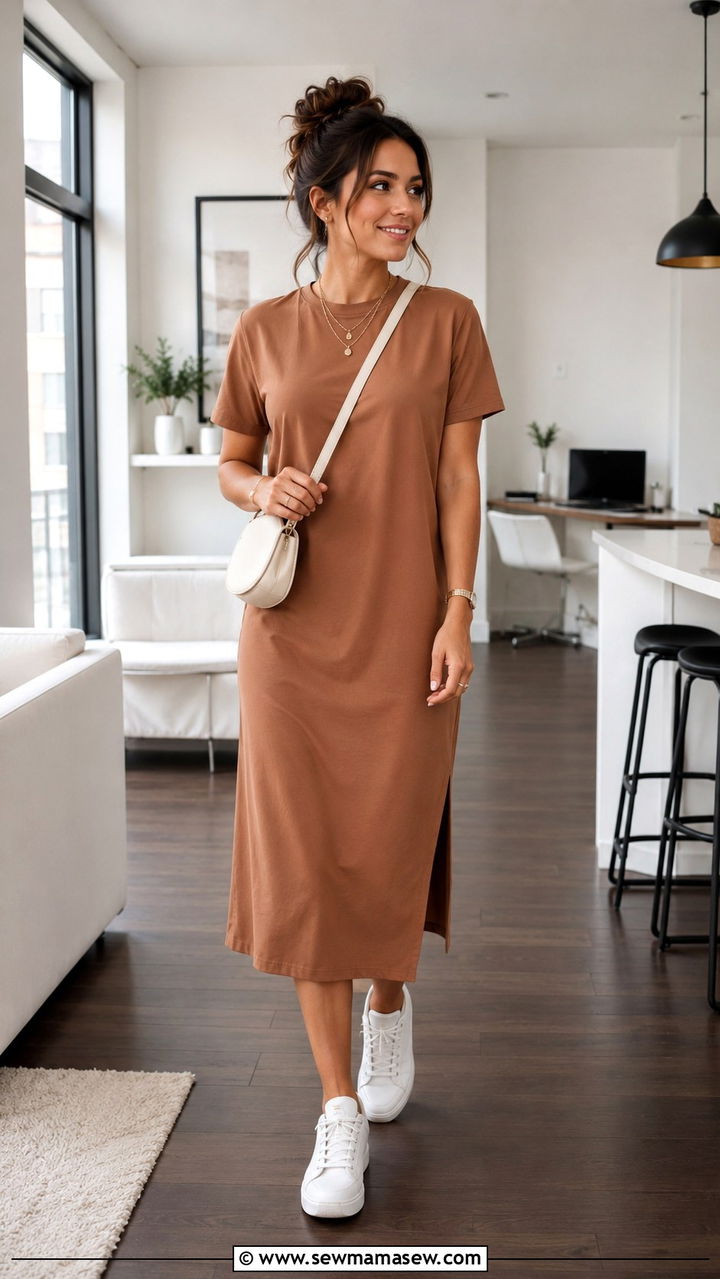 T shirt dress and white sneakers work from home outfit - 30 Remote worker outfit ideas
